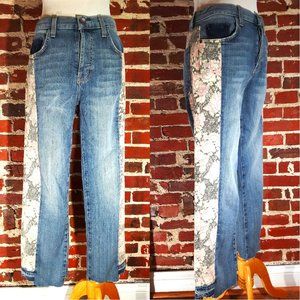CURRENT/ELLIOTT The Uneven Seamed Original distressed denim jean w/floral panels